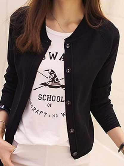 Women's Cardigan Sweater Crew Neck Ribbed Knit Acrylic Button Fall Winter Short Daily Going out Weekend Stylish Casual Soft Long Sleeve Solid Color Black Yellow Pink S M L