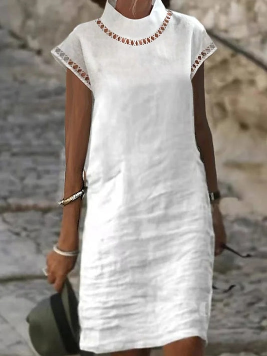 Women's Dress - Casual Dress Cotton Linen Dress Shift Dress Midi Dress Cotton Blend Fashion Basic Outdoor Daily Vacation Stand Collar Hollow Out Eyelet Short Sleeve Summer Spring 2023 Loose Fit White Blue