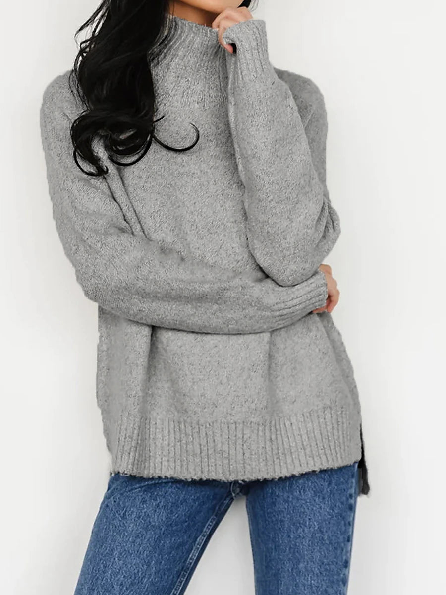 Women's Plus Size Pullover Sweater Jumper Turtleneck Ribbed Knit Polyester Split Fall Winter Regular Outdoor Going out Weekend Stylish Plus Size Casual Long Sleeve Pure Color Green Gray XS S M