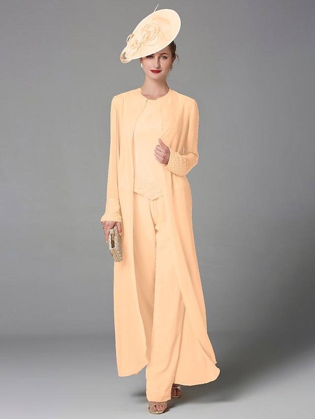 Jumpsuit / Pantsuit 3 Piece Mother of the Bride Dress Formal Plus Size Elegant Wrap Included Bateau Neck Floor Length Chiffon Sleeveless with Beading Appliques 2023 - LuckyFash™