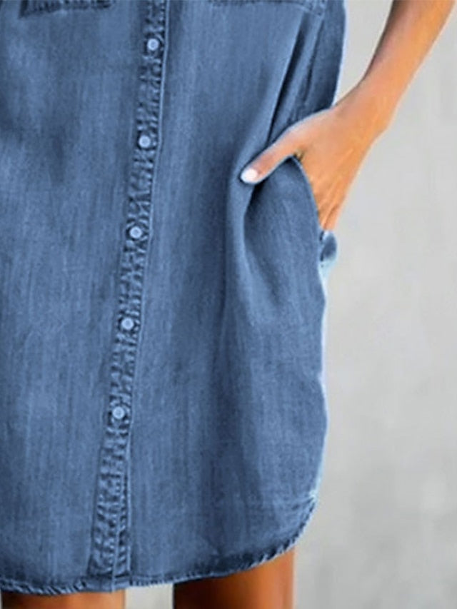 Women's Dress - Denim Shirt Dress Midi Dress Denim Hot Casual Daily Weekend Shirt Collar Pocket Rolled Cuff Short Sleeve Summer Spring 2023 Loose Fit Light Blue Pure Color S M L XL XXL