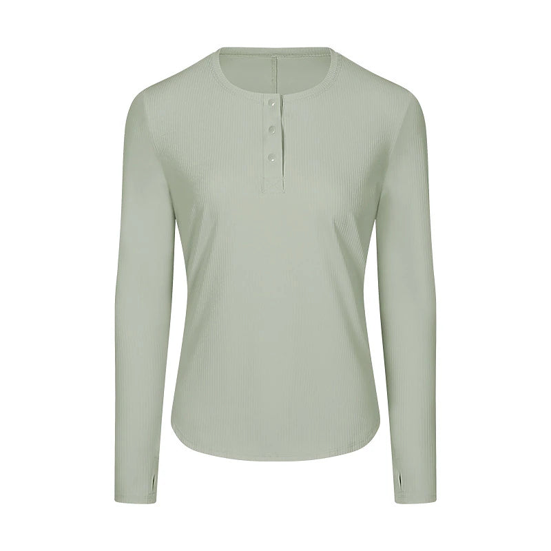 Women's Running T-Shirt Henley Shirt Solid Color Yoga Fitness Button Ribbed Black White Pink Crew Neck Long Sleeve High Elasticity Spring &  Fall