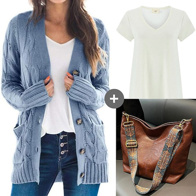 Spring Outfits - Women's Sweater Cardigans & T-Shirt & Bag Set Cable-Knit Buttoned Cardigan with Pockets and Blouse T shirt Tee Basic