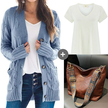 Spring Outfits - Women's Sweater Cardigans & T-Shirt & Bag Set Cable-Knit Buttoned Cardigan with Pockets and Blouse T shirt Tee Basic
