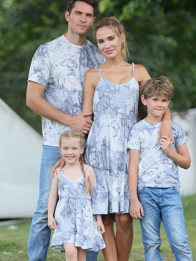 Family Dresses T shirt Family Sets Graphic Leaf Daily Ruched Gray Sleeveless Midi Strap Dress Active Matching Outfits - LuckyFash™