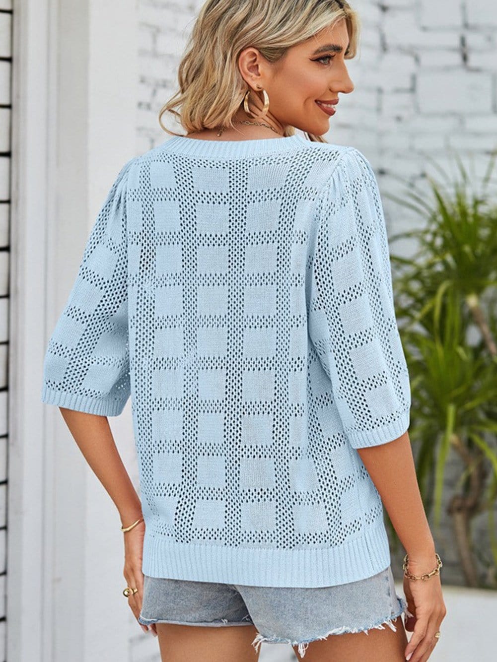 Myosotis Eyelet Patterned Knit Short Sleeve Top