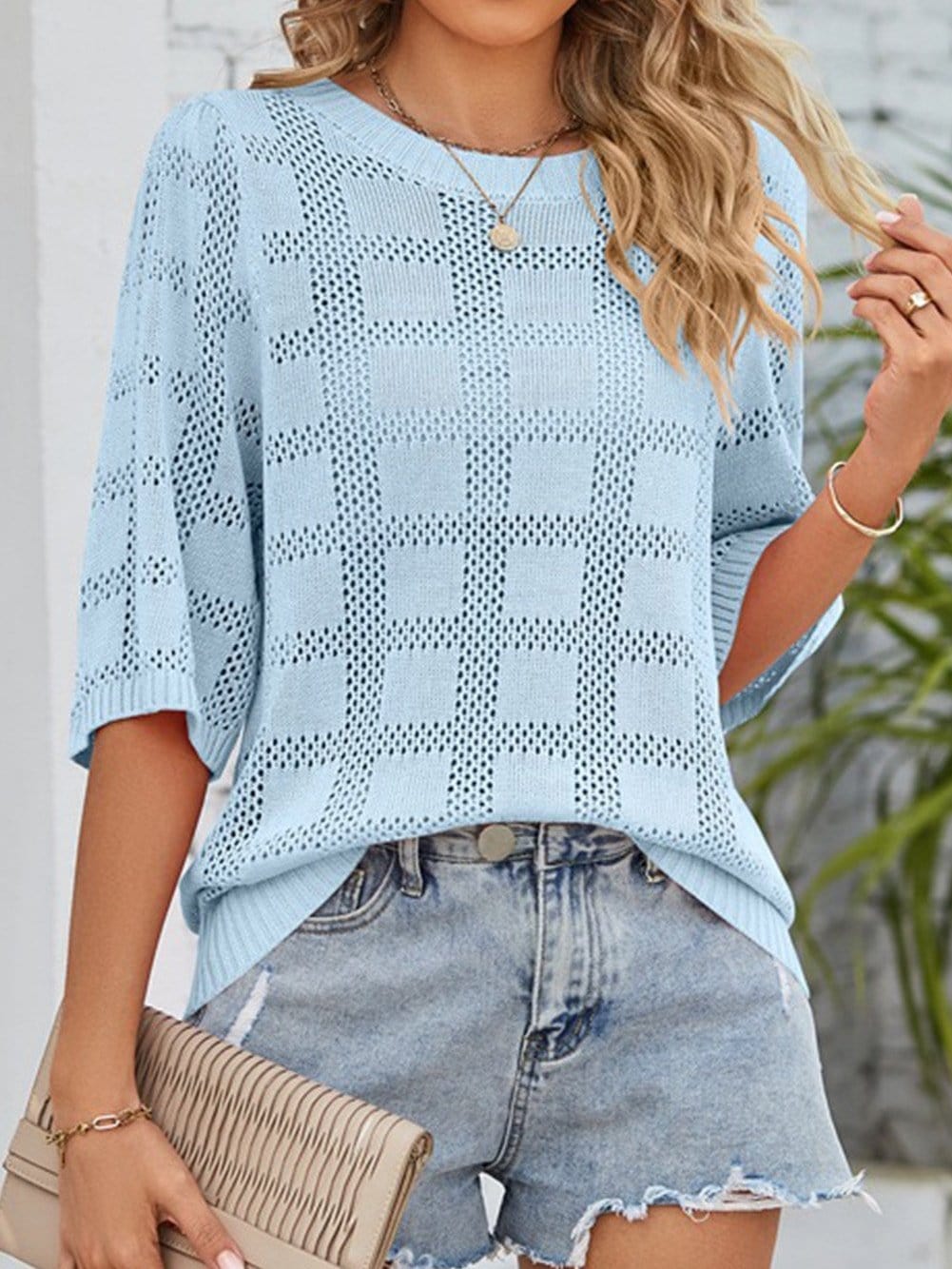 Myosotis Eyelet Patterned Knit Short Sleeve Top