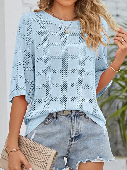 Myosotis Eyelet Patterned Knit Short Sleeve Top