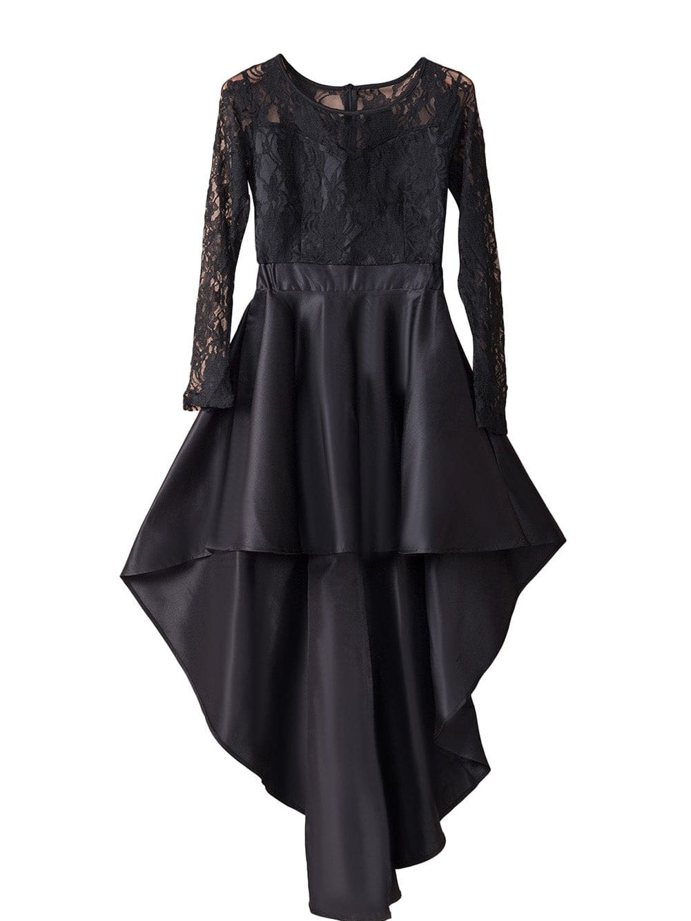 Mysterious Black Lace High-Low Satin Evening Gown