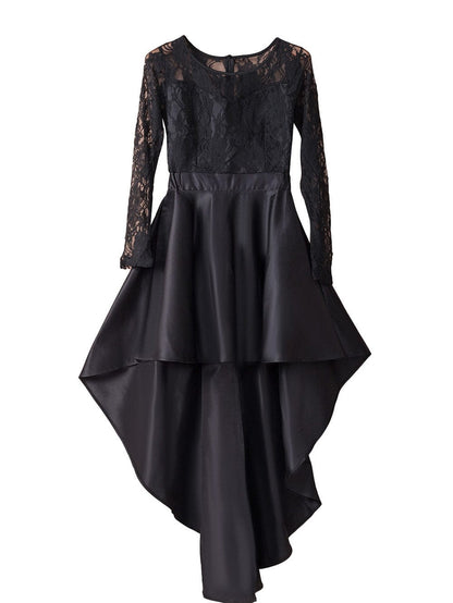 Mysterious Black Lace High-Low Satin Evening Gown