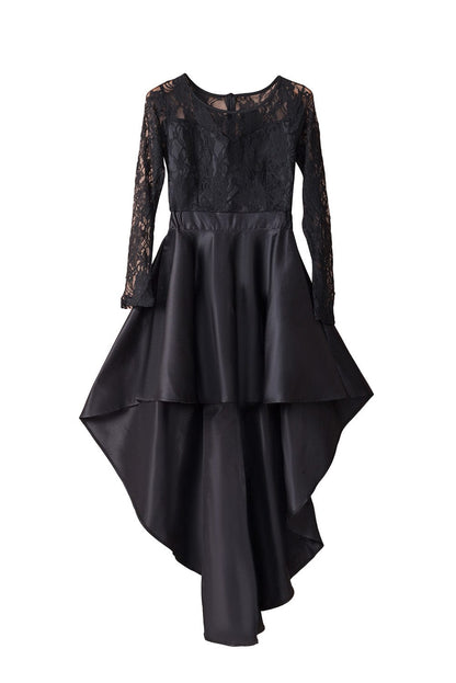 Mysterious Black Lace High-Low Satin Evening Gown