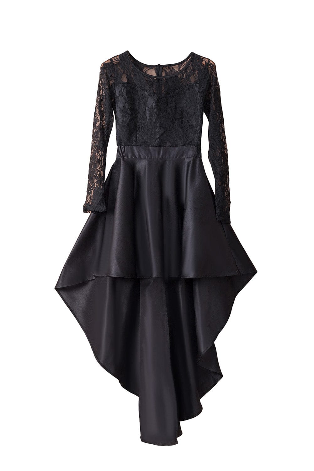 Mysterious Black Lace High-Low Satin Evening Gown