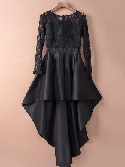 Mysterious Black Lace High-Low Satin Evening Gown