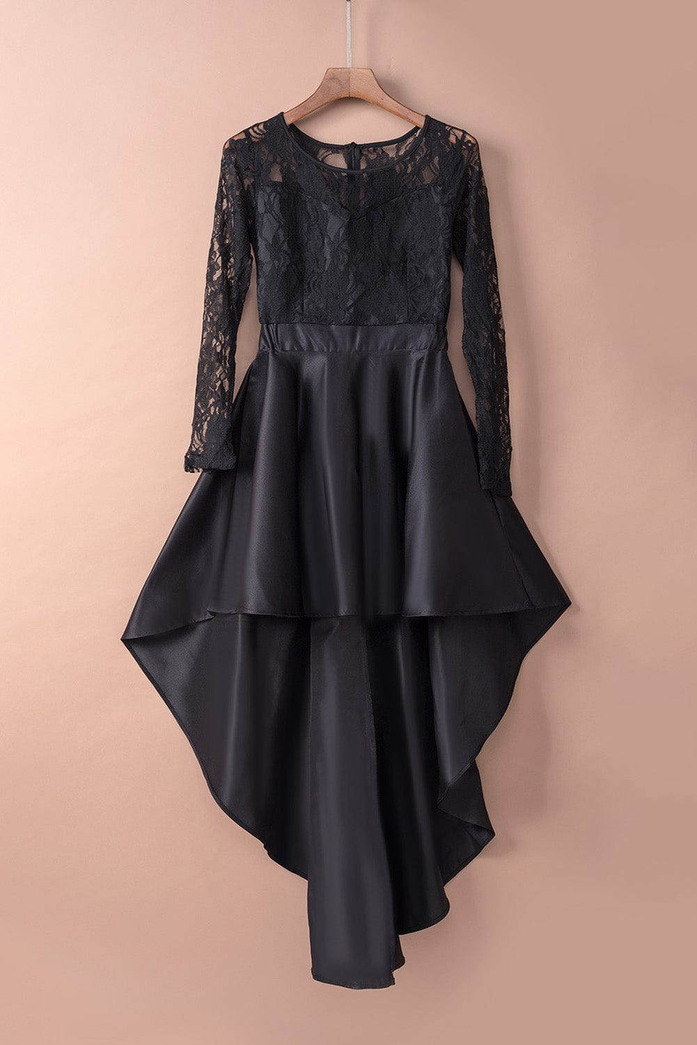 Mysterious Black Lace High-Low Satin Evening Gown