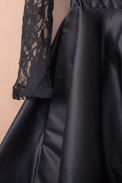 Mysterious Black Lace High-Low Satin Evening Gown