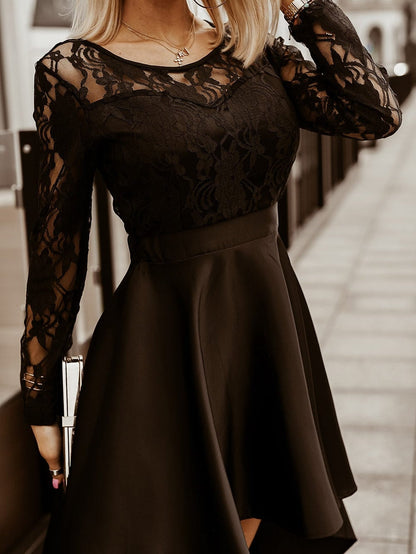 Mysterious Black Lace High-Low Satin Evening Gown