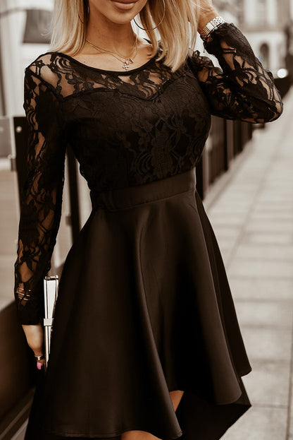 Mysterious Black Lace High-Low Satin Evening Gown