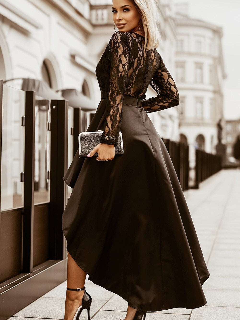 Mysterious Black Lace High-Low Satin Evening Gown