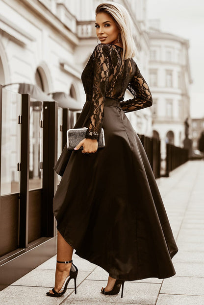 Mysterious Black Lace High-Low Satin Evening Gown