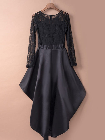 Mysterious Black Lace High-Low Satin Evening Gown