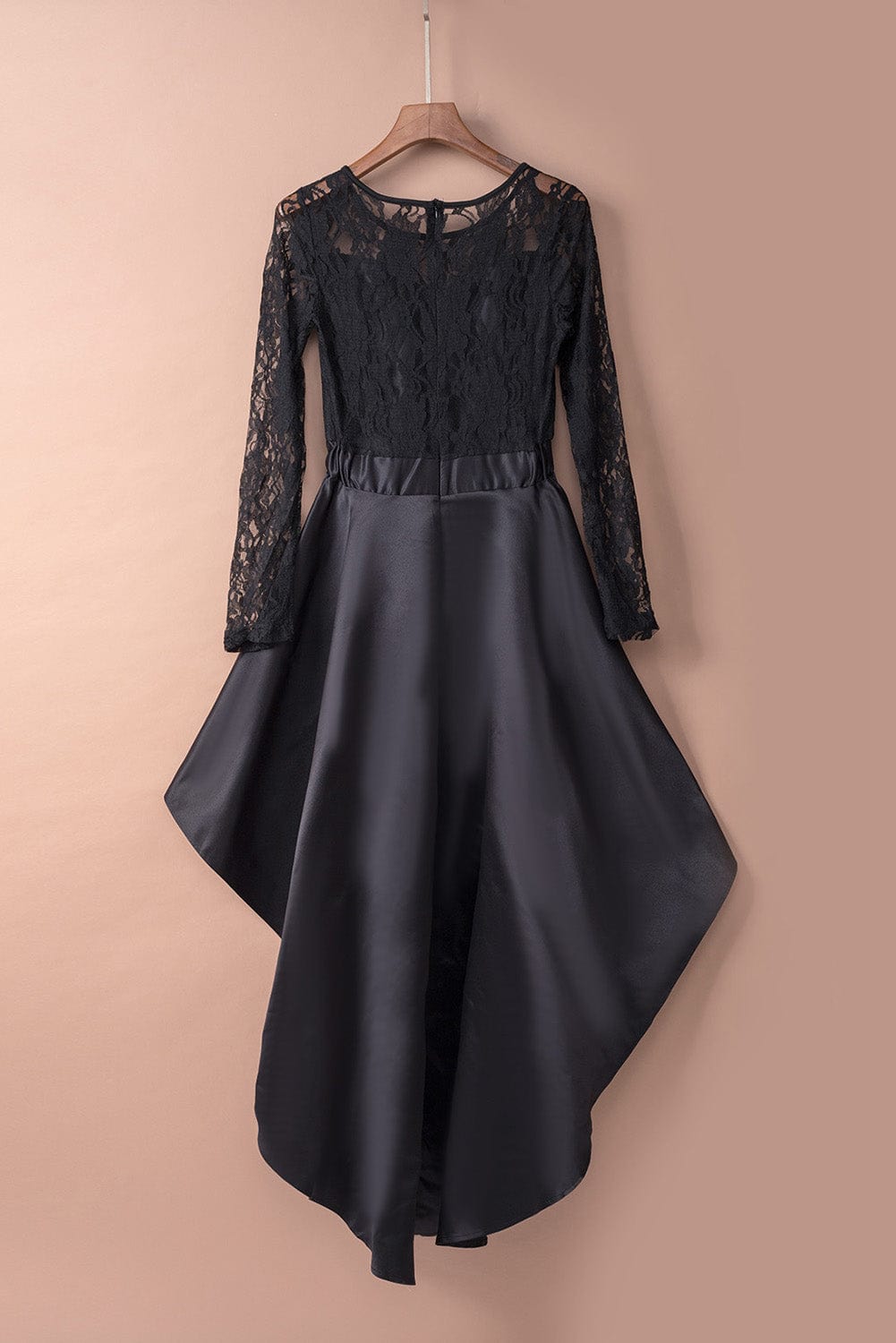 Mysterious Black Lace High-Low Satin Evening Gown