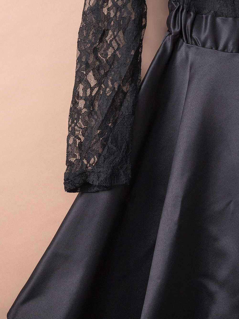 Mysterious Black Lace High-Low Satin Evening Gown