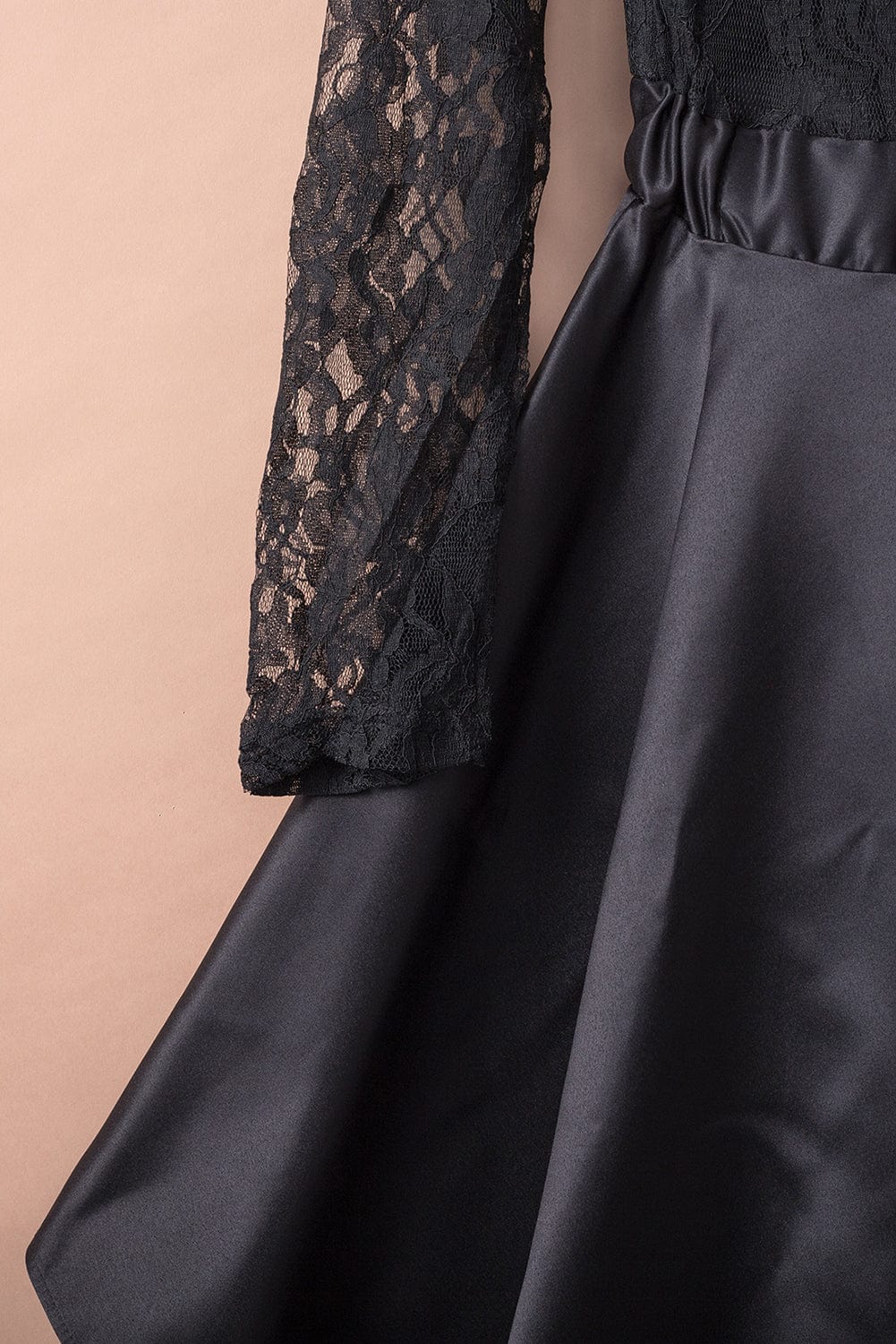 Mysterious Black Lace High-Low Satin Evening Gown