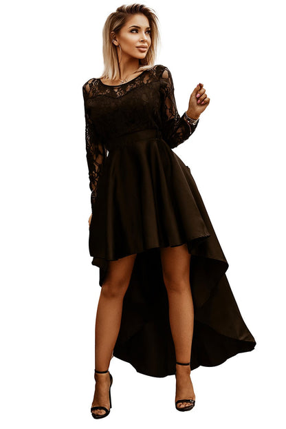Mysterious Black Lace High-Low Satin Evening Gown