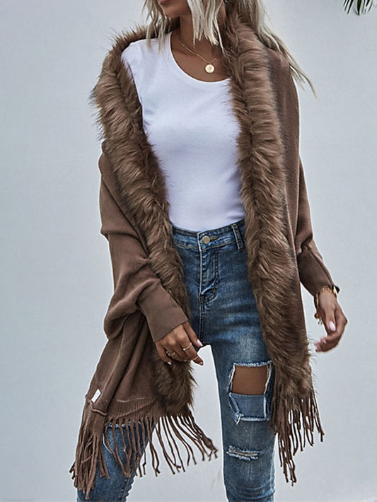 Women's Poncho Sweater Open Front Ribbed Knit Acrylic Tassel Knitted Fall Winter Tunic Outdoor Daily Going out Stylish Casual Soft Long Sleeve Pure Color Black Pink Wine S M L