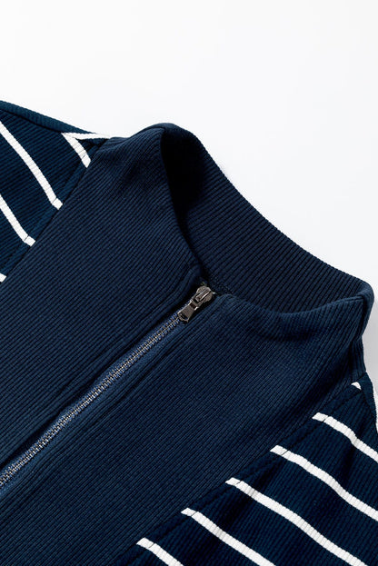 Nautical Striped Quarter Zip Collared Mini Dress with Cap Sleeves