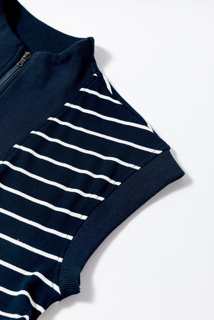 Nautical Striped Quarter Zip Collared Mini Dress with Cap Sleeves