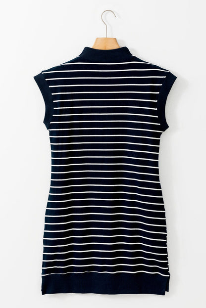 Nautical Striped Quarter Zip Collared Mini Dress with Cap Sleeves