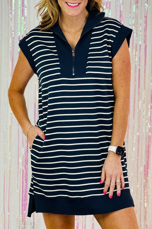 Nautical Striped Quarter Zip Collared Mini Dress with Cap Sleeves