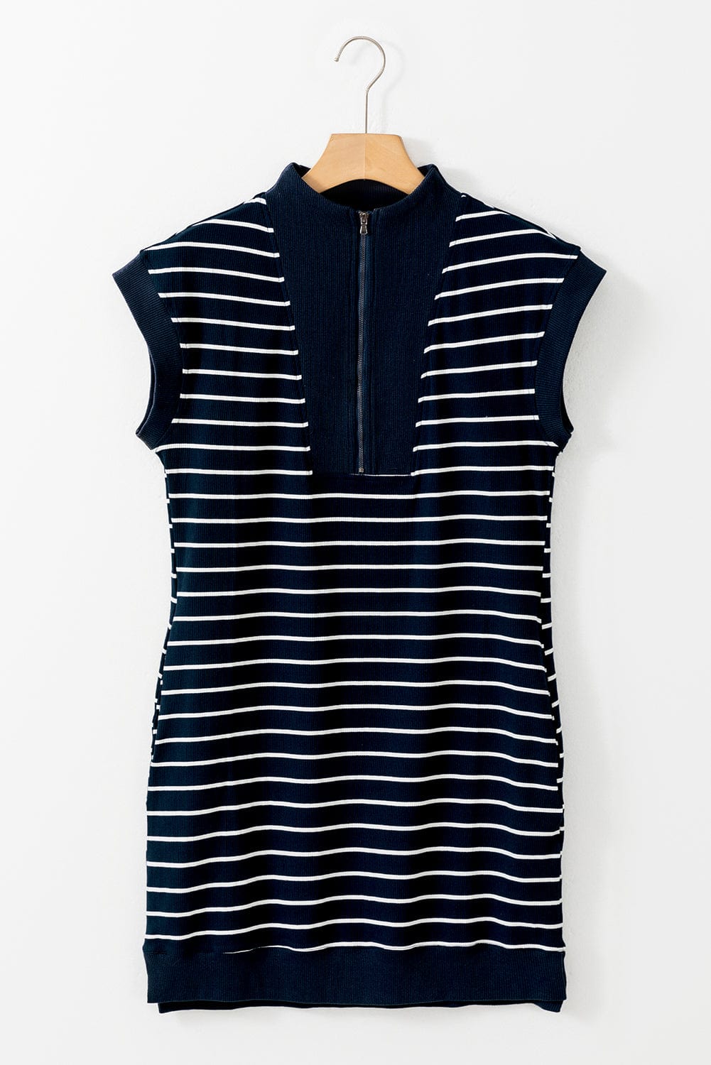Nautical Striped Quarter Zip Collared Mini Dress with Cap Sleeves