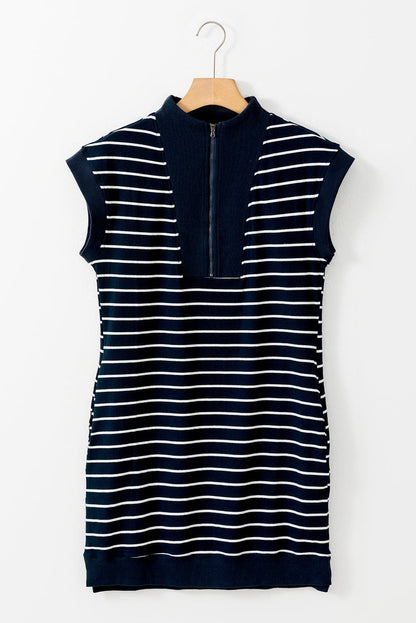 Nautical Striped Quarter Zip Collared Mini Dress with Cap Sleeves