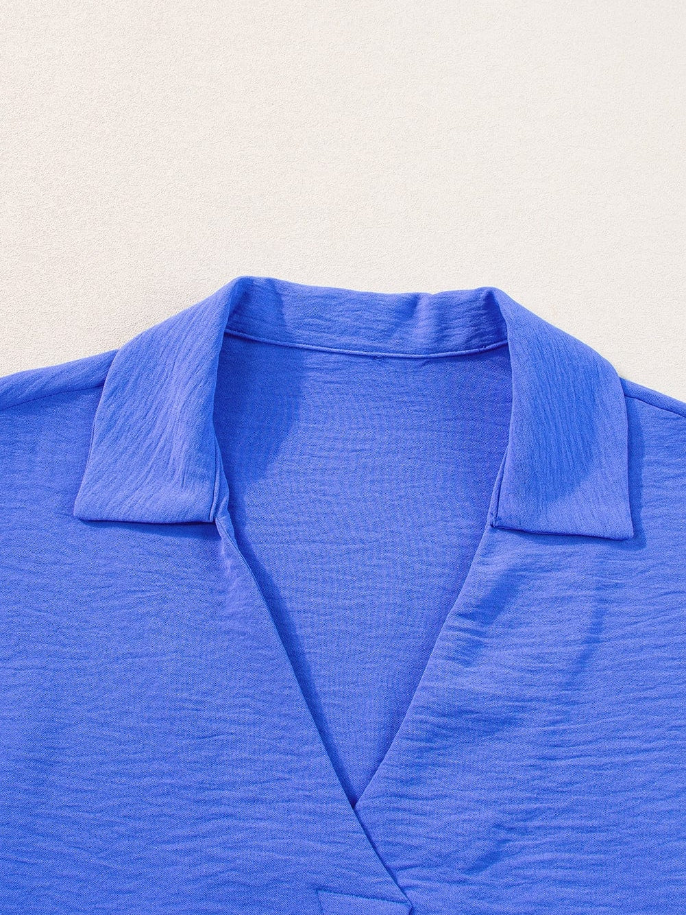 Navy Blue Collared Smocked Sleeve Cuffs Loose Fit Blouse