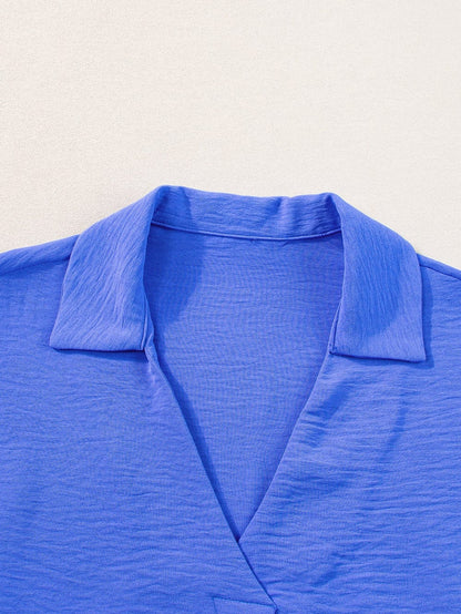 Navy Blue Collared Smocked Sleeve Cuffs Loose Fit Blouse