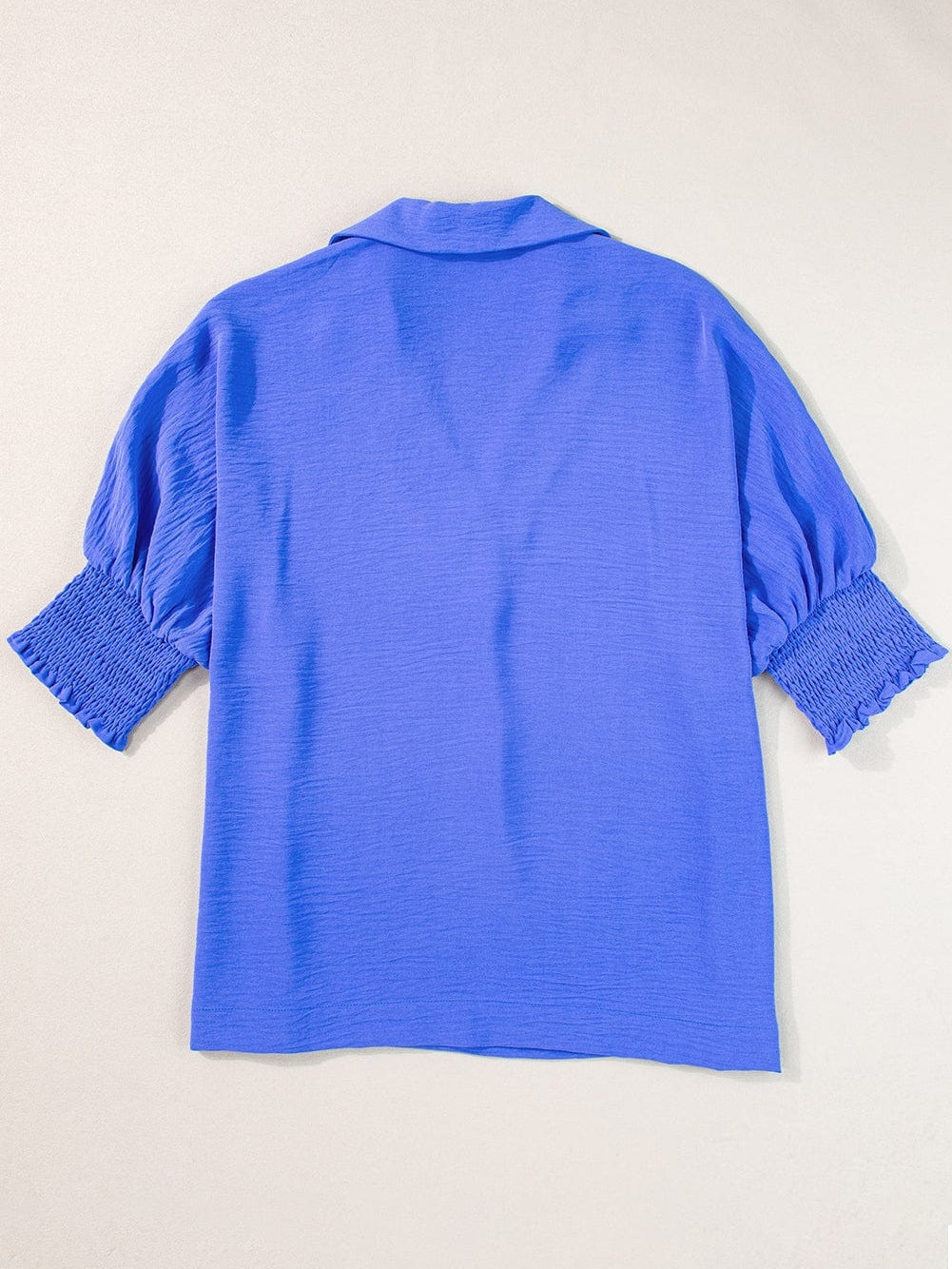 Navy Blue Collared Smocked Sleeve Cuffs Loose Fit Blouse