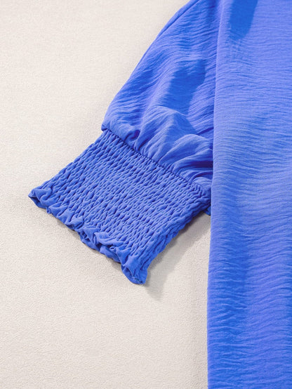 Navy Blue Collared Smocked Sleeve Cuffs Loose Fit Blouse