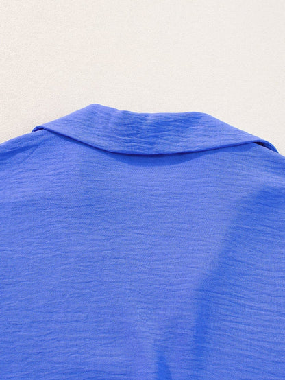 Navy Blue Collared Smocked Sleeve Cuffs Loose Fit Blouse