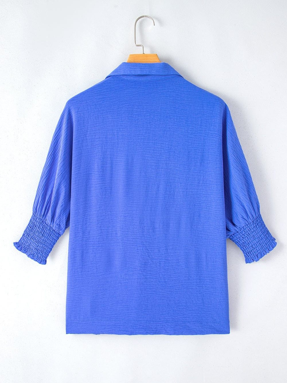 Navy Blue Collared Smocked Sleeve Cuffs Loose Fit Blouse