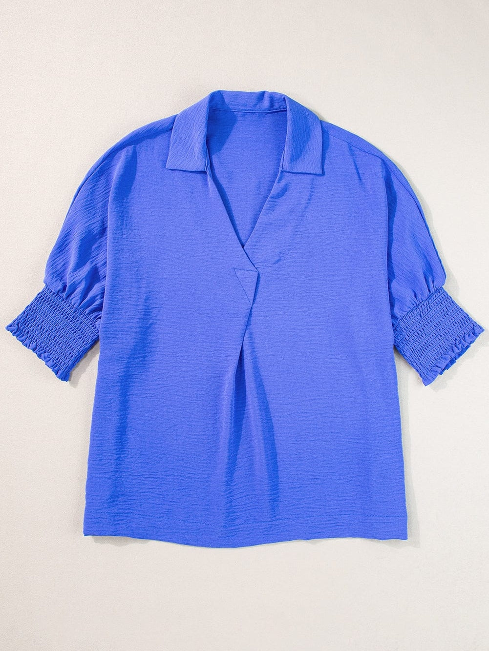 Navy Blue Collared Smocked Sleeve Cuffs Loose Fit Blouse