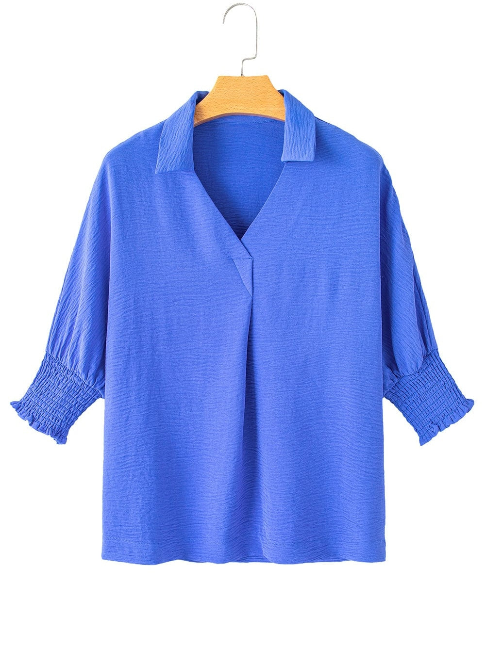 Navy Blue Collared Smocked Sleeve Cuffs Loose Fit Blouse