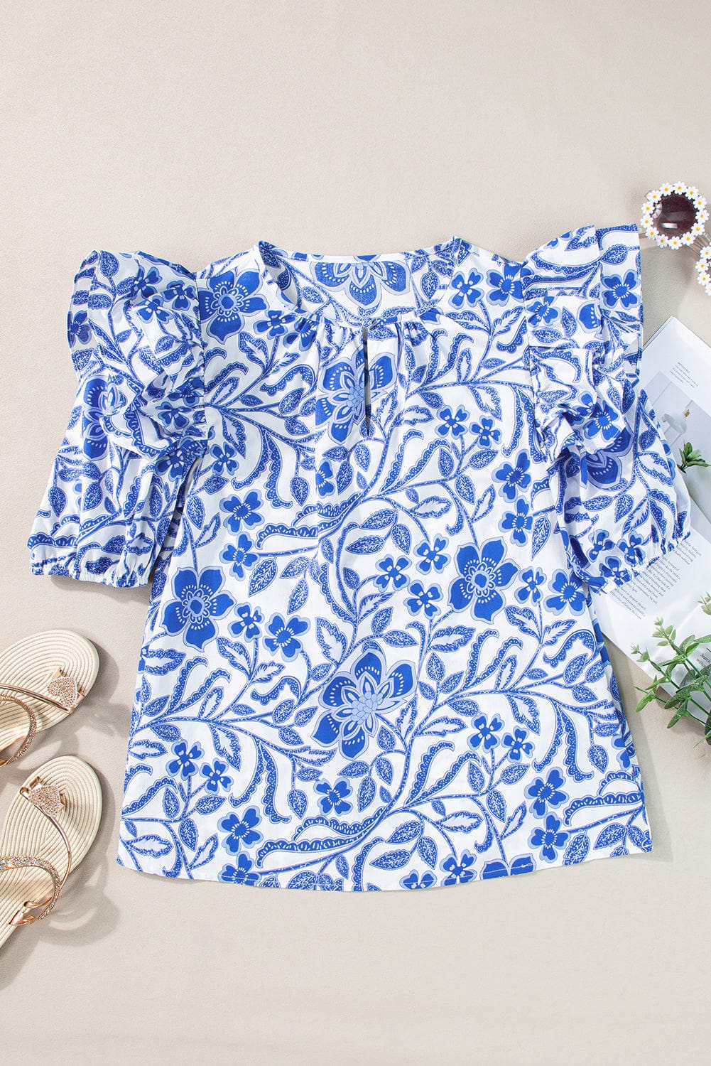 Navy Blue Flower Patterned Ruffle Bubble Sleeve Top