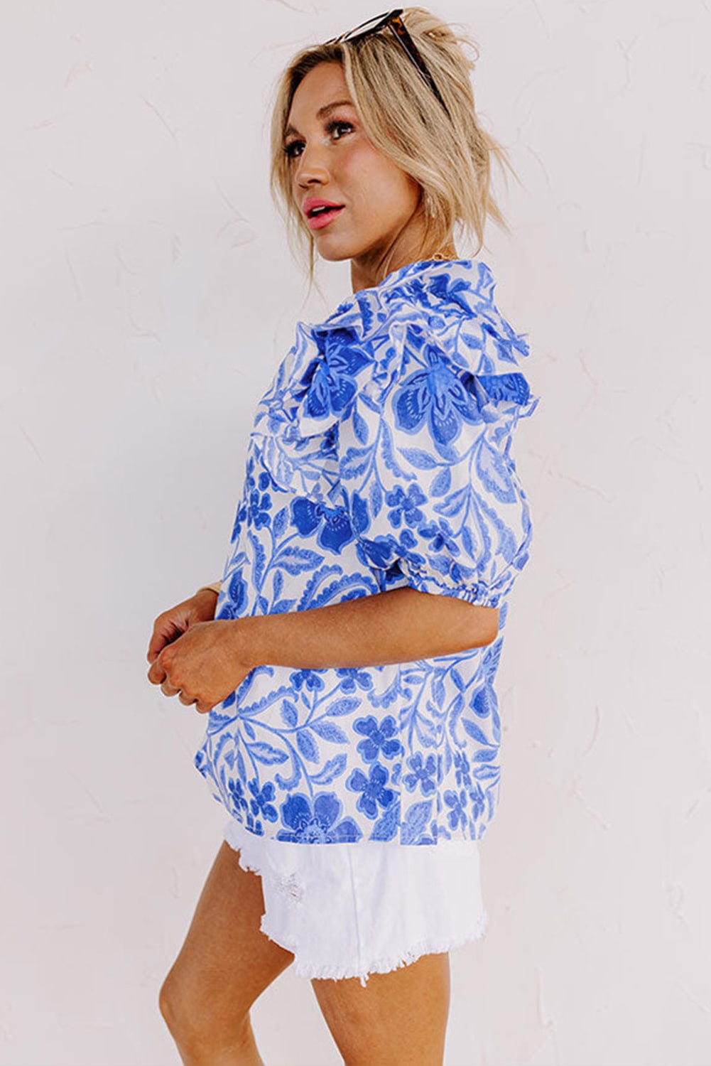 Navy Blue Flower Patterned Ruffle Bubble Sleeve Top