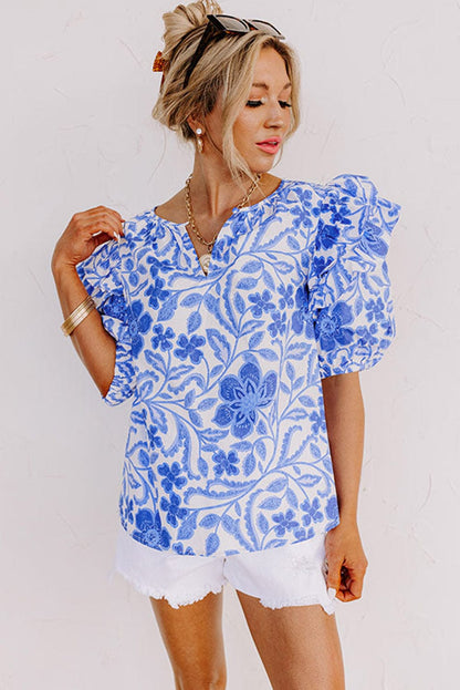 Navy Blue Flower Patterned Ruffle Bubble Sleeve Top
