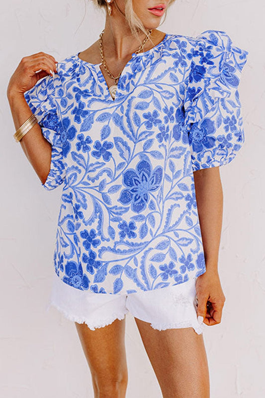 Navy Blue Flower Patterned Ruffle Bubble Sleeve Top