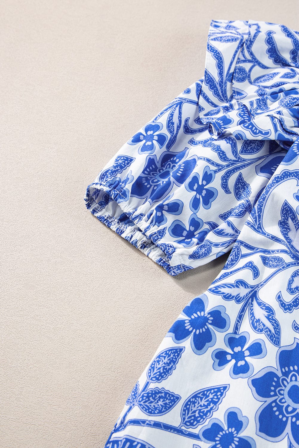 Navy Blue Flower Patterned Ruffle Bubble Sleeve Top