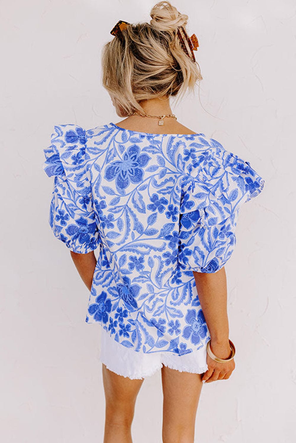 Navy Blue Flower Patterned Ruffle Bubble Sleeve Top