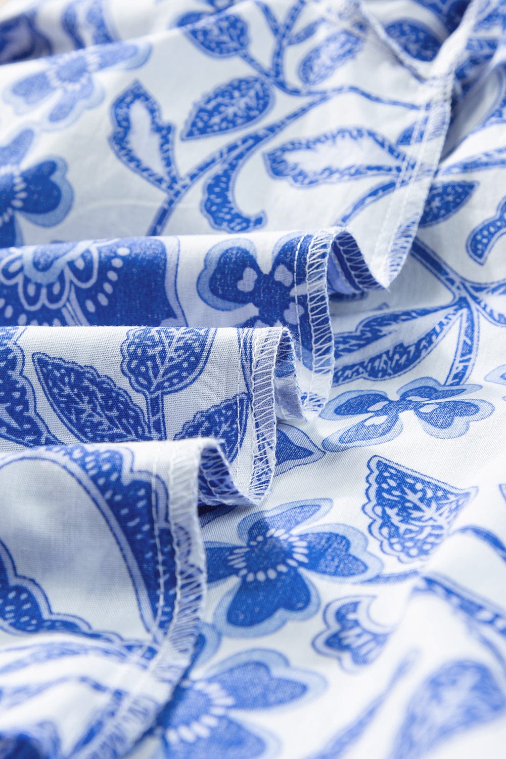 Navy Blue Flower Patterned Ruffle Bubble Sleeve Top